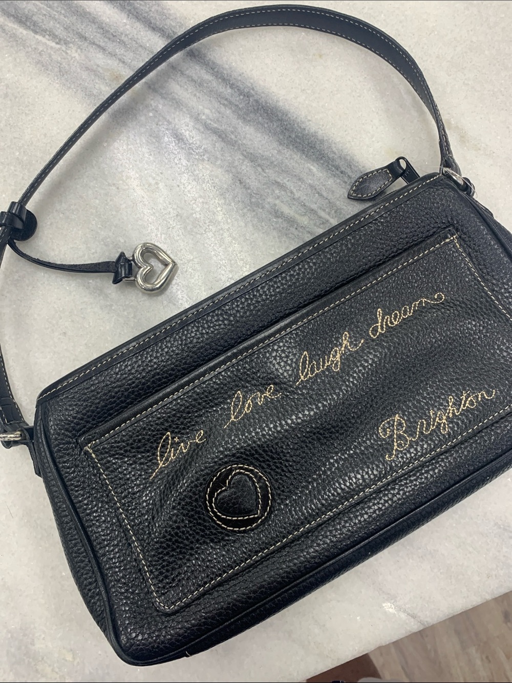 Brighton Black Pebble Leather Shoulder Bag with Gold Script